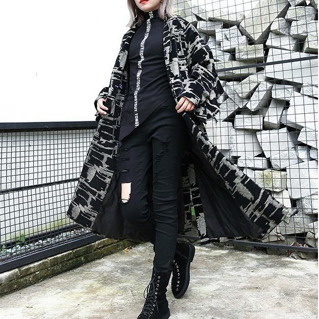 2019 black print Coat plus size lapel patchwork Coat Fine asymmetrical design coat - SooLinen