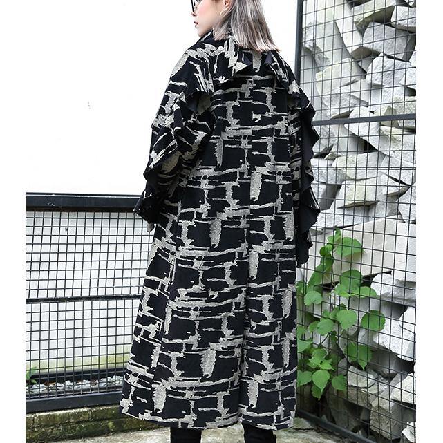 2019 black print Coat plus size lapel patchwork Coat Fine asymmetrical design coat - SooLinen