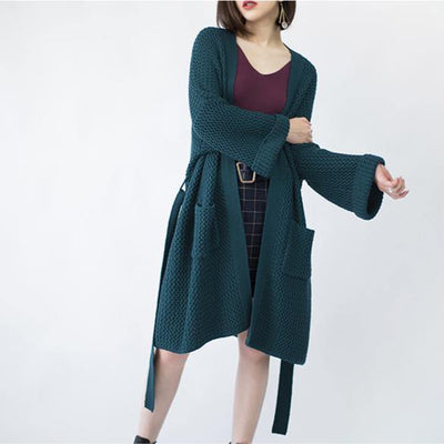 2019 blackish green Wool Coat plus size flare sleeve tie waist maxi coat Elegant pockets coat - SooLinen