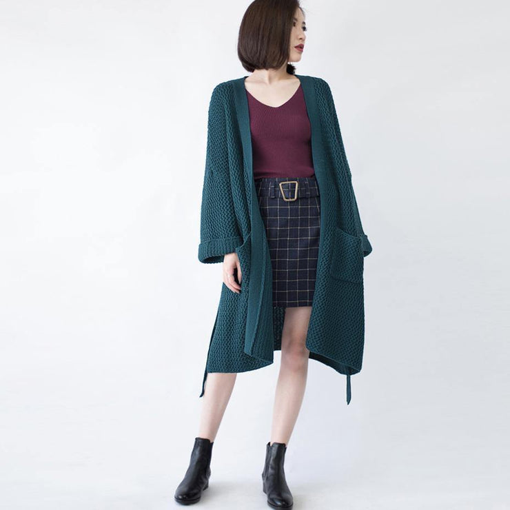 2019 blackish green Wool Coat plus size flare sleeve tie waist maxi coat Elegant pockets coat - SooLinen