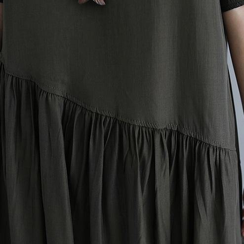 2019 blackish green pure cotton blended dresses oversize maxi dress Elegant short sleeve baggy dresses o neck patchwork cotton dress - SooLinen
