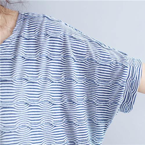 2019 blue cotton topscasual traveling blouseNew o neck striped brief t shirt - SooLinen