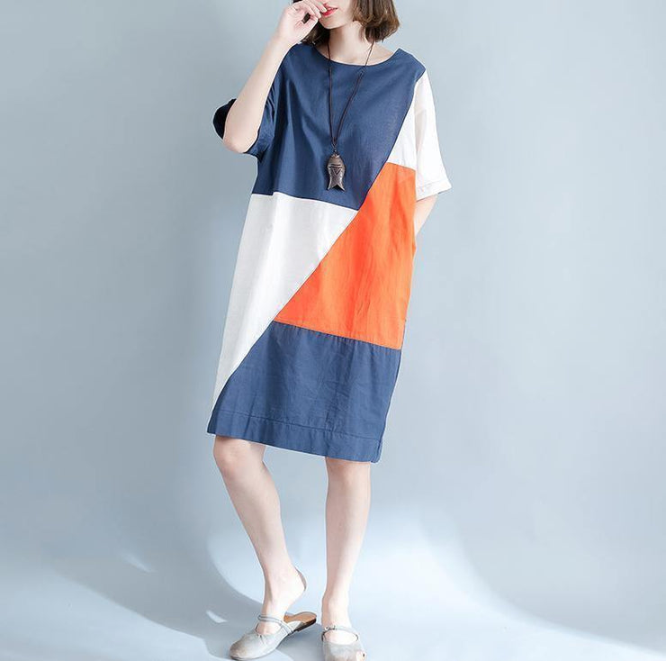 2019 blue linen shift dresses casual shirt dress Fine short sleeve patchwork knee dresses - SooLinen