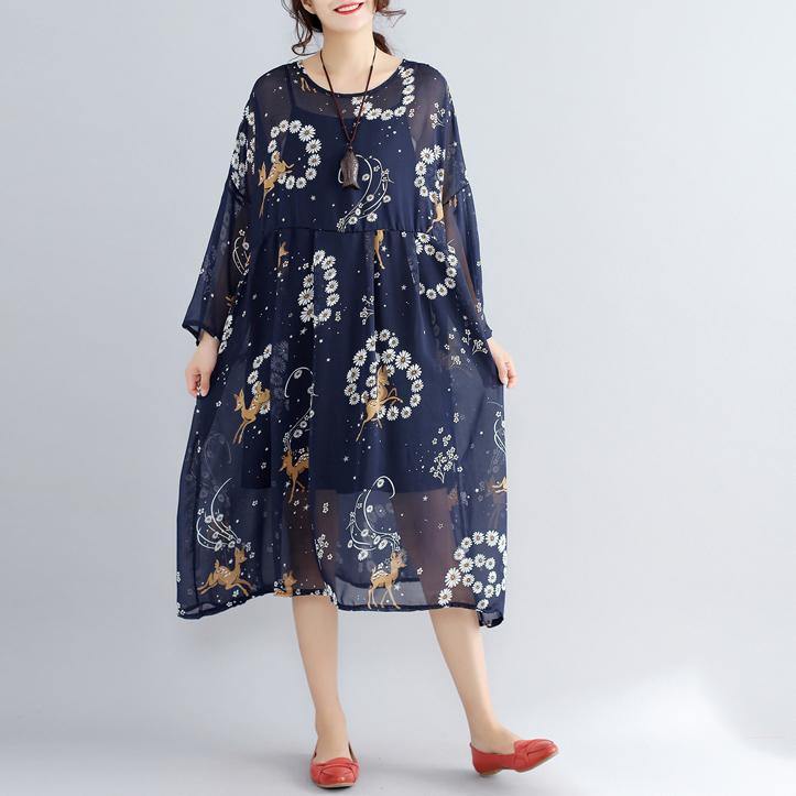 2019 blue prints pure chiffon dresses plus size vintage two pieces wild dress - SooLinen