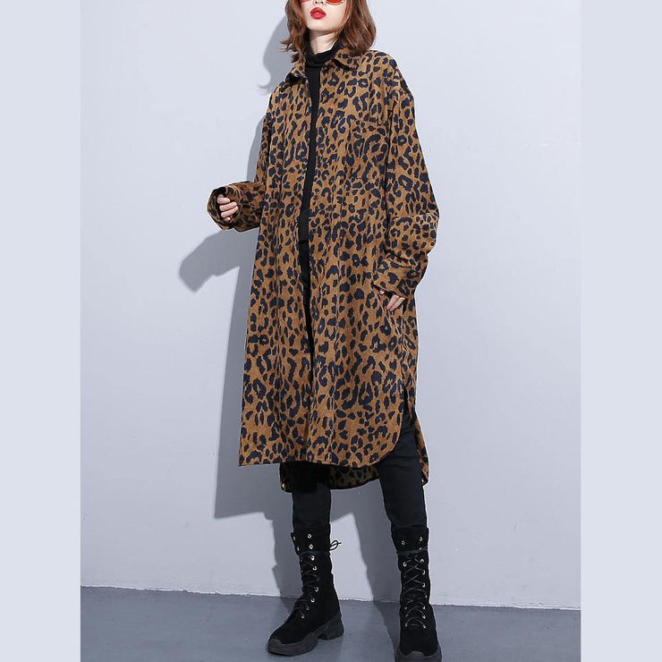 2019 chocolate Leopard coat plus size clothing dress side open casual Turn-down Collar Button coat - SooLinen