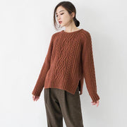 2019 chocolate chunky cozy sweater Loose fitting O neck side open knit sweat tops boutique cable knit blouse - SooLinen