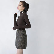 2018 chocolate knit sweaters trendy plus size high neck knitted blouses women side open winter sweaters - SooLinen