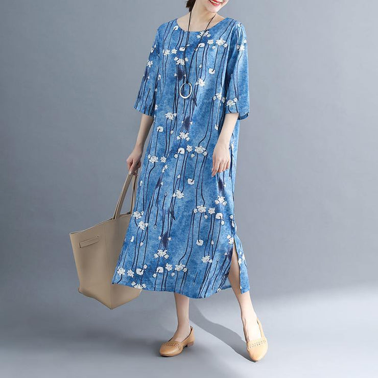 2019 floral long cotton dresses plus size Batwing Sleeve long cotton dresses Elegant o neck cotton dress - SooLinen