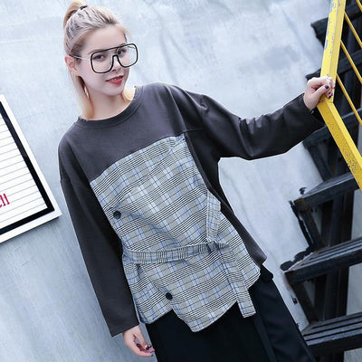 2018 gray Plaid tops trendy plus size O neck casual New patchwork asymmetric cotton tops - SooLinen