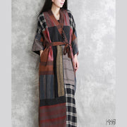 2019 gray autumn linen dress oversize patchwork traveling clothing women long sleeve tie waist autumn dress - SooLinen
