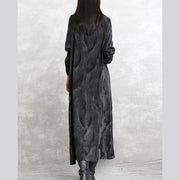 2019 gray dotted cotton blended caftans trendy plus size o neck pockets linen maxi dress casual long sleeve asymmetrical design caftans - SooLinen