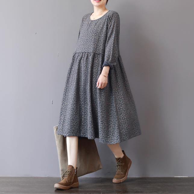 2018 gray prints natural cotton dress Loose fitting patchwork traveling clothing 2018 o neck autumn dress - SooLinen