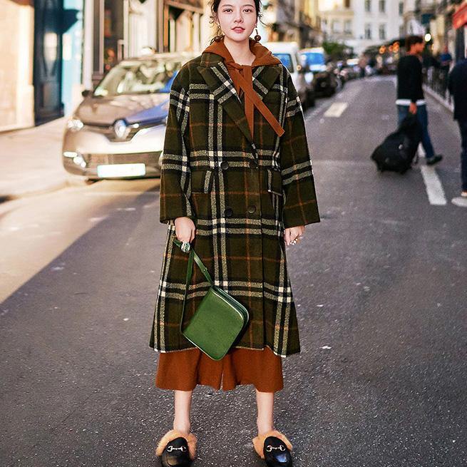 2018 green Plaid long coat plus size Notched maxi coat Fashion double breasted Winter coat - SooLinen
