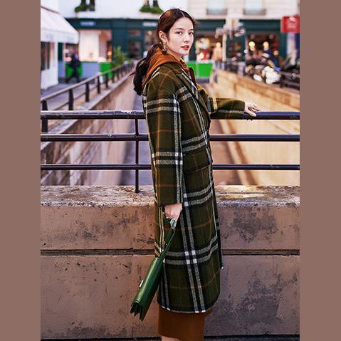 2018 green Plaid long coat plus size Notched maxi coat Fashion double breasted Winter coat - SooLinen