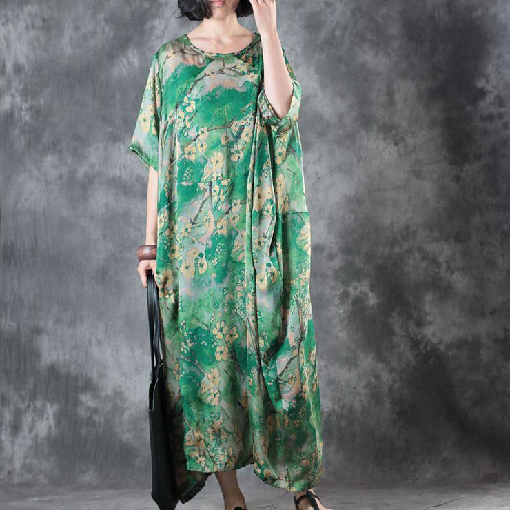2018 green floral natural silk dress Loose fitting O neck baggy dresses traveling clothing Elegant short sleeve silk long dresses - SooLinen