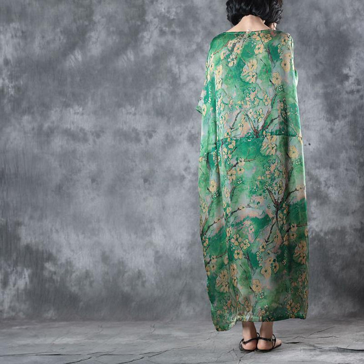2018 green floral natural silk dress Loose fitting O neck baggy dresses traveling clothing Elegant short sleeve silk long dresses - SooLinen