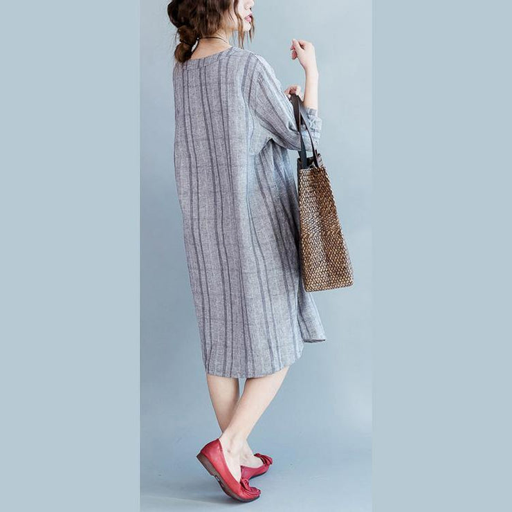 2018 light gray Plaid cotton linen dresses casual half sleeve pockets women o neck embroidery cotton linen clothing dresses - SooLinen
