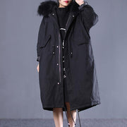 2018 new black Winter Fashion oversize hooded fur collar down jacket fine drawstring pockets down overcoat - SooLinen