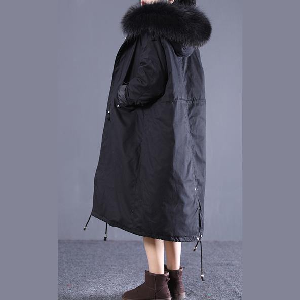 2018 new black Winter Fashion oversize hooded fur collar down jacket fine drawstring pockets down overcoat - SooLinen