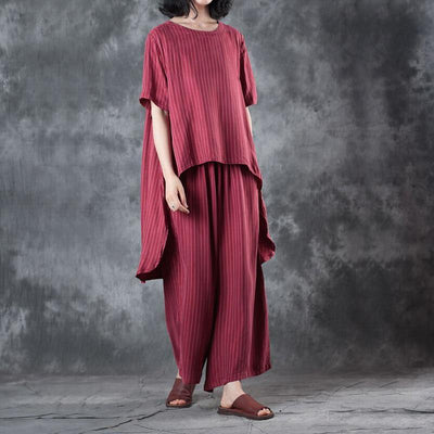 2018 new casual red low high design silk tops and women wide leg pants two pieces - SooLinen