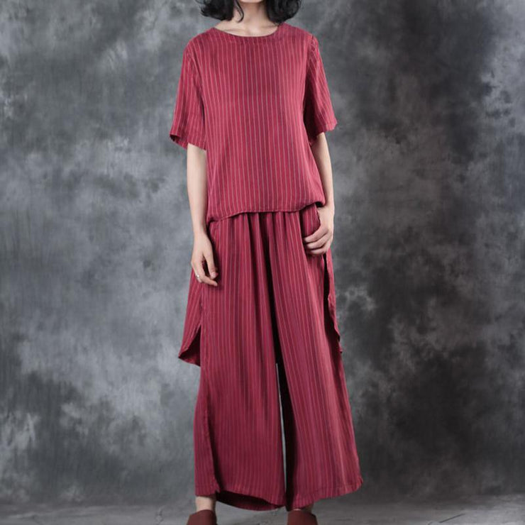 2018 new casual red low high design silk tops and women wide leg pants two pieces - SooLinen