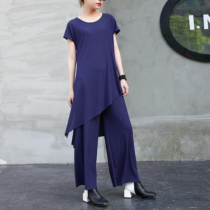 2018 new fashion cotton two pieces casual asymmetric hem tops and elastic waist wide leg pants - SooLinen