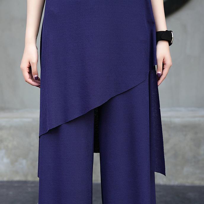 2018 new fashion cotton two pieces casual asymmetric hem tops and elastic waist wide leg pants - SooLinen