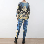 2018 new spring two pieces blue prints knit sweater and casual patchwork floral pants - SooLinen