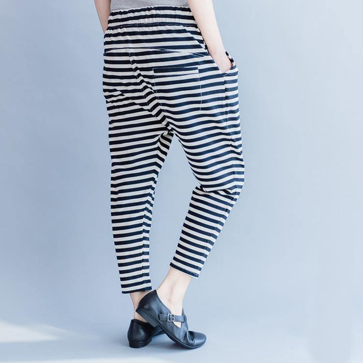2018 new striped women casual cotton crop pants plus size cotton elastic waist drawstring harem pants - SooLinen