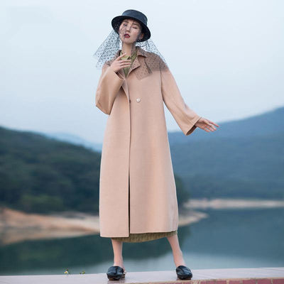 2018 nude pink wool coat plus size tie waist Winter coat lapel collar jacket - SooLinen