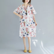2024 pink Midi cotton dresses trendy plus size cotton dress Elegant short sleeve v neck floral cotton clothing dress