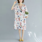 2021 Rosa Midi-Baumwollkleider Trendiges Baumwollkleid in Übergröße Elegantes Kurzarm-Kleid mit V-Ausschnitt aus geblümter Baumwolle