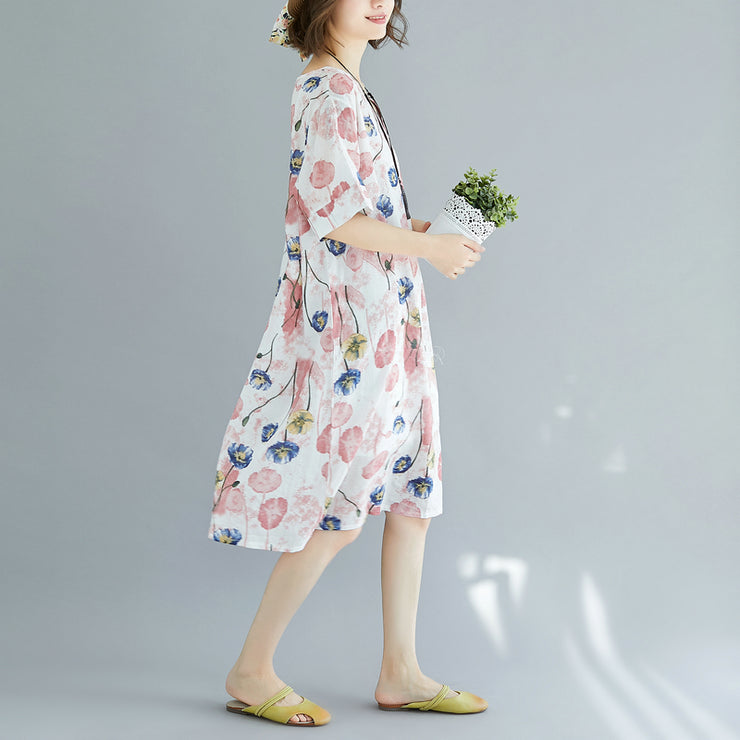 2021 Rosa Midi-Baumwollkleider Trendiges Baumwollkleid in Übergröße Elegantes Kurzarm-Kleid mit V-Ausschnitt aus geblümter Baumwolle