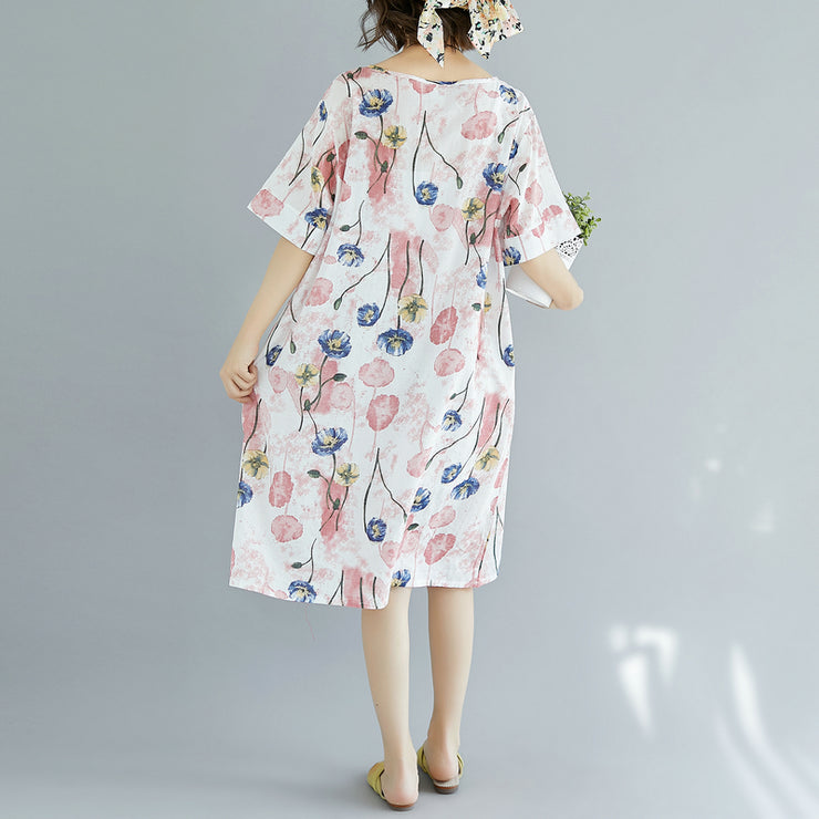 2021 pink Midi cotton dresses trendy plus size cotton dress Elegant short sleeve v neck floral cotton clothing dress