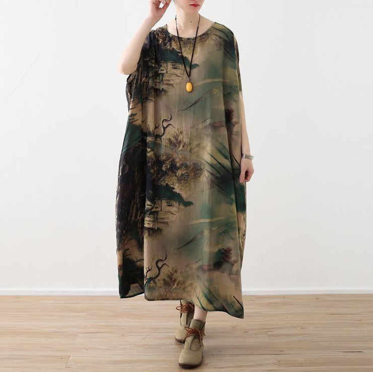 2018 prints chiffon maxi dress oversize o neck chiffon maxi dress Elegant short sleeve maxi dresses - SooLinen