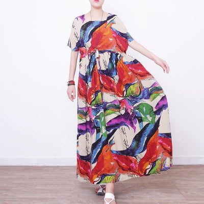 2018 prints linen maxi dress oversize o neck linen maxi dress Elegant short sleeve maxi dresses - SooLinen
