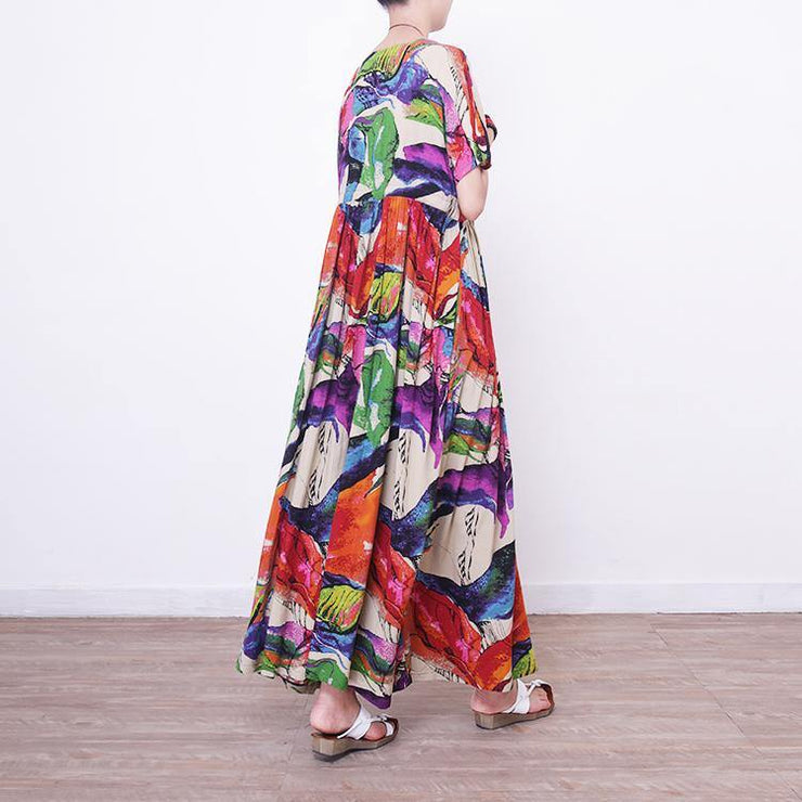2018 prints linen maxi dress oversize o neck linen maxi dress Elegant short sleeve maxi dresses - SooLinen