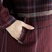 2018 red Plaid natural cotton linen shirt dress plus size traveling dress Elegant long sleeve pockets Turn-down Collar natural cotton linen shirt dress - SooLinen