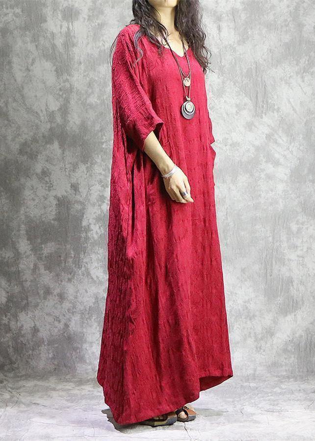2018 red autumn linen dress Loose fitting v neck baggy Elegant pockets Jacquard dresses - SooLinen