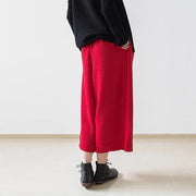 2018 red casual cotton women pants loose elastic waist wide leg pants - SooLinen