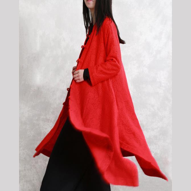 2018 red coats oversize Stand Jacquard maxi coat Fashion long sleeve pockets long coat - SooLinen
