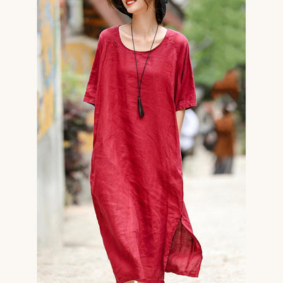 2018 red embroider fabric long linen dress plus size o neck side open traveling dress vintage half sleeve baggy dresses - SooLinen