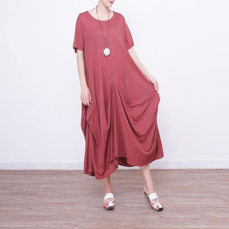 2018 red linen dress oversize short sleeve traveling dress vintage asymmetric maxi dresses - SooLinen