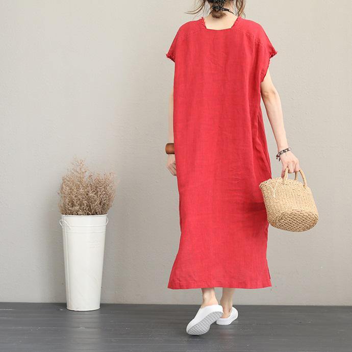 2018 red natural cotton dress casual v neck traveling dress Elegant side open maxi dresses - SooLinen