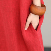 2018 red natural cotton dress casual v neck traveling dress Elegant side open maxi dresses - SooLinen