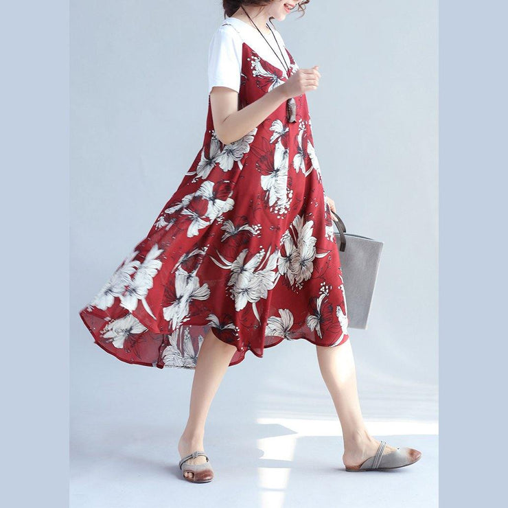 2018 red prints chiffon sleeveless dresses oversize with cotton t shirt two pieces - SooLinen