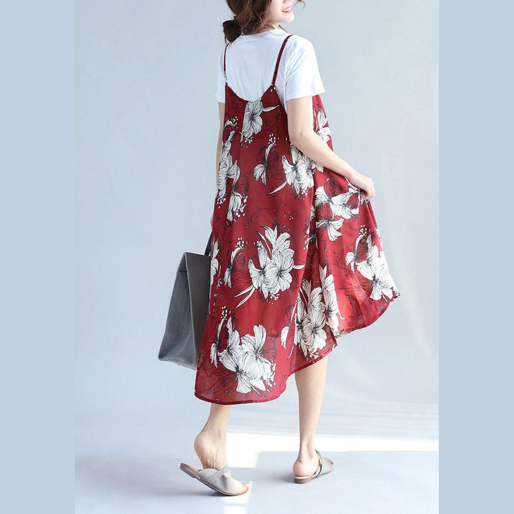2018 red prints chiffon sleeveless dresses oversize with cotton t shirt two pieces - SooLinen