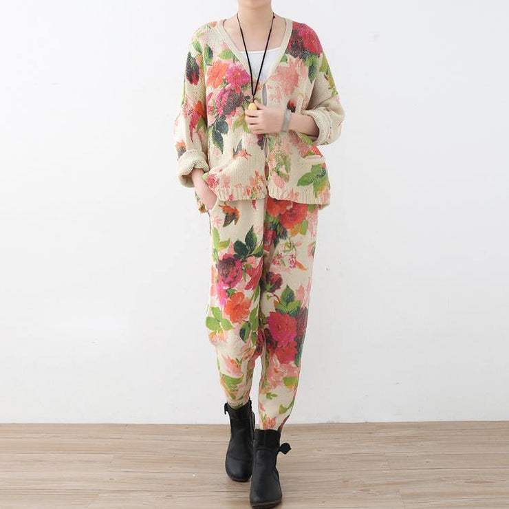 2018 spring new roses prints cute sweater and knit harem pants casual two pieces - SooLinen