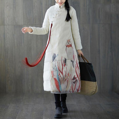 2018 thick white print down coat plus size stand collar patchwork Casual Chinese Button down coat - SooLinen
