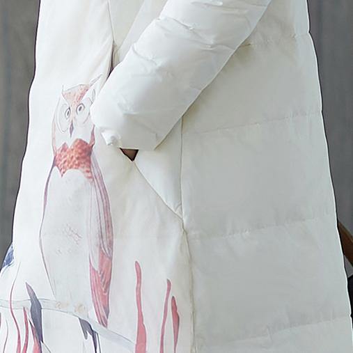 2018 thick white print down coat plus size stand collar patchwork Casual Chinese Button down coat - SooLinen